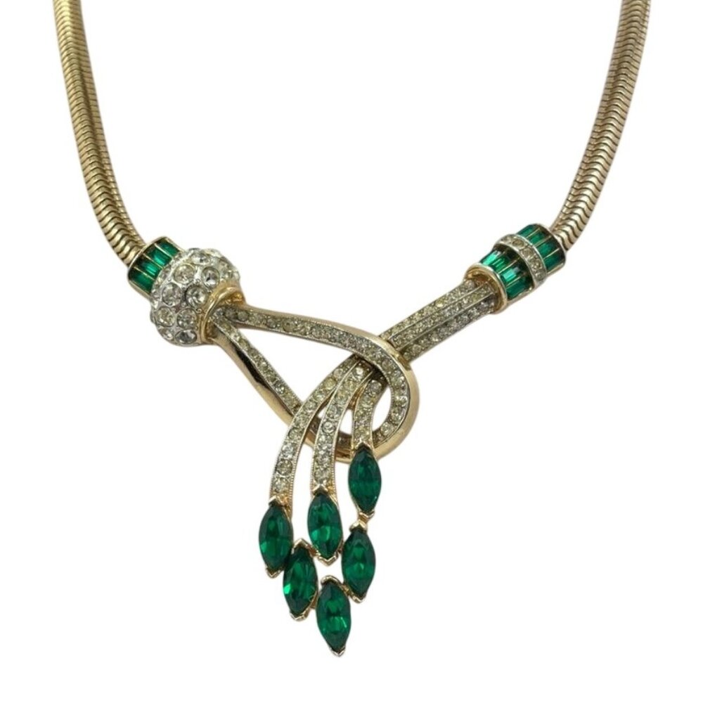 Vintage Signed Coro Emerald Rhinestone Spray Necklace Choker Mid Century Jewelry - Picture 3 of 10